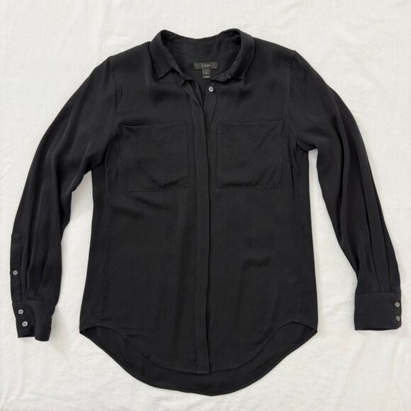 J.Crew Women’s Black Silk Long Sleeve Button Front Blouse Size 2 Minimalist - Picture 5 of 13
